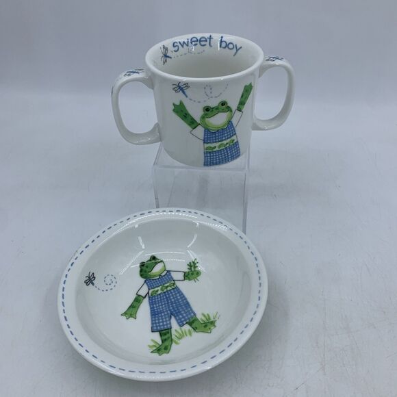 Kelly B Rightsell Childs Sweet Boy Bowl  & 2 Handled Cup Mug Frog Dragonfly - Picture 1 of 9
